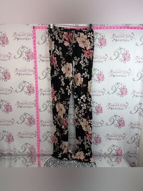 Shabby Chic Black Wide-Leg Pants with Pink & Cream Floral Print